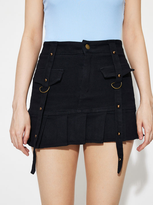 Pleated Denim A-Line Skirt 1269412