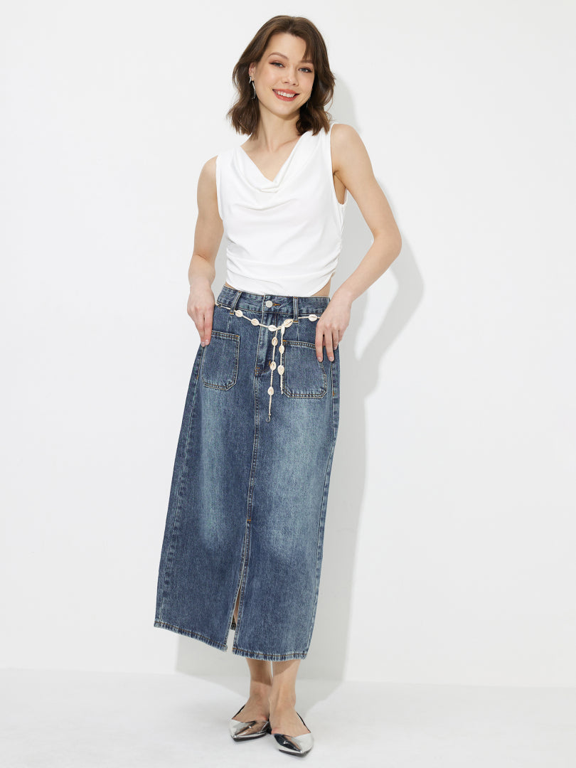 Slit Denim A-Line Skirt 1234472