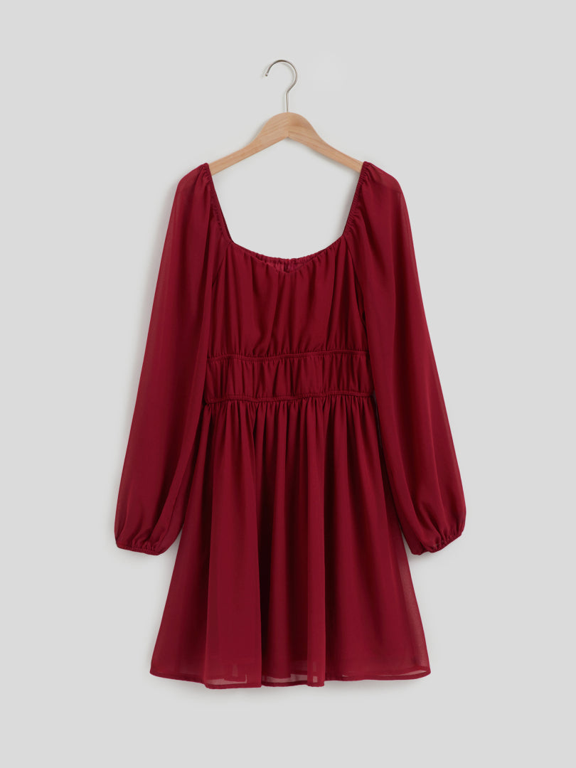 Short Gathered Chiffon Dress With Long Sleeves 108933