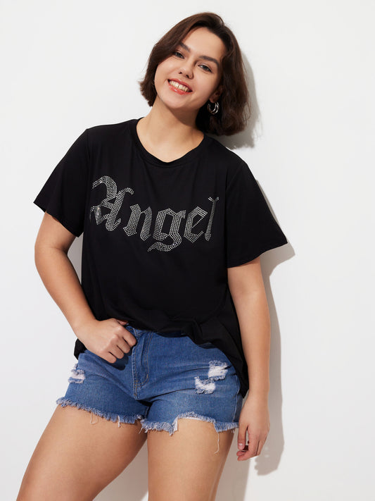 Plus Size Rhinestone Pullover T-Shirt 1288652