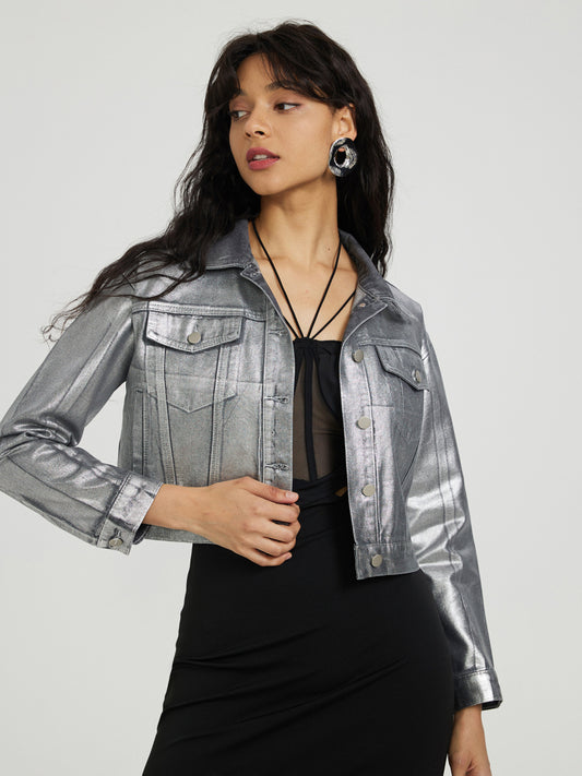 Shimmer Cropped Denim Jacket 116759