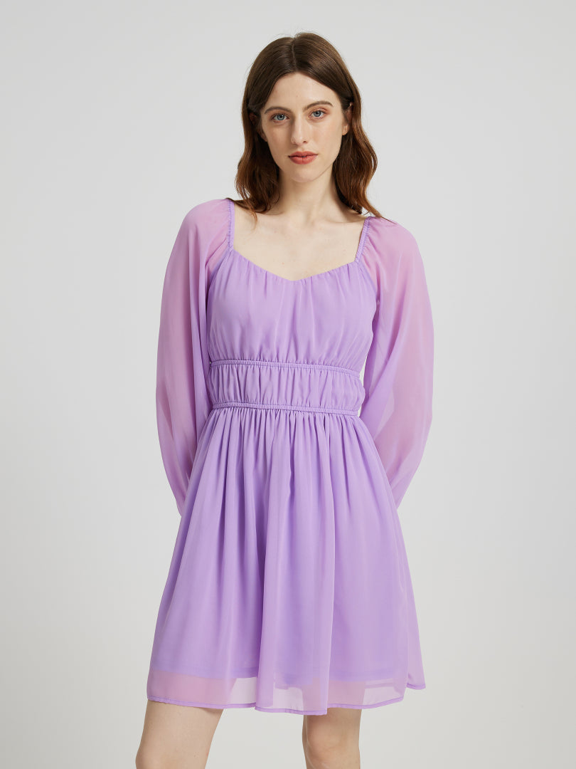 Short Gathered Chiffon Dress With Long Sleeves 108933