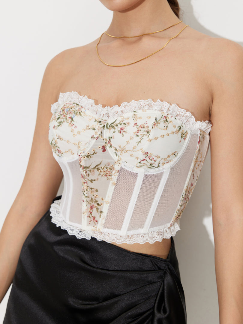 Printed Mesh Corset Crop Top 120730