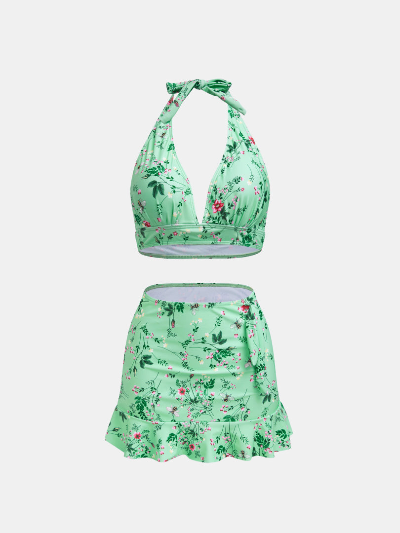 Printed Halter Net Bikini Set 1230421