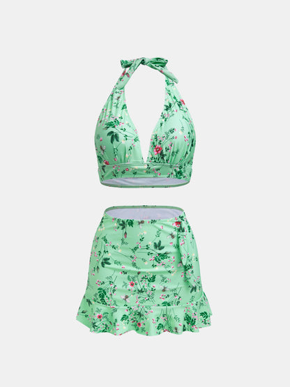 Printed Halter Net Bikini Set 1230421