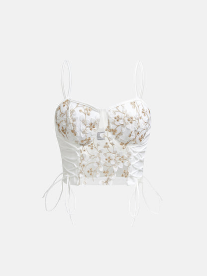 Embroidered Lace-Up Crop Top 121188