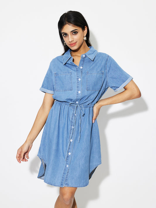 Lace Up Denim Shirt Dress 1267692