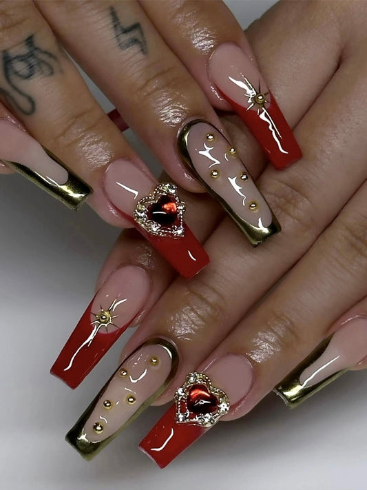 Red Heart Diamond 3D Long Press On Nails 1253802