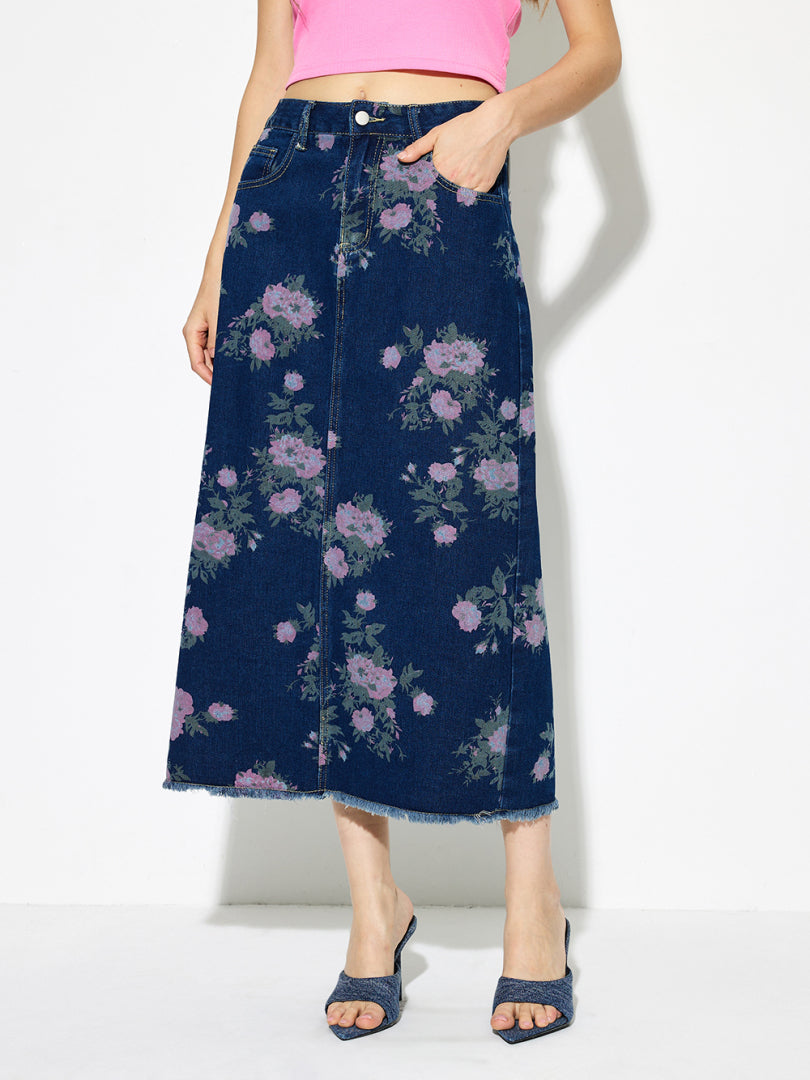 Raw Hem Denim A-Line Skirt 1269112