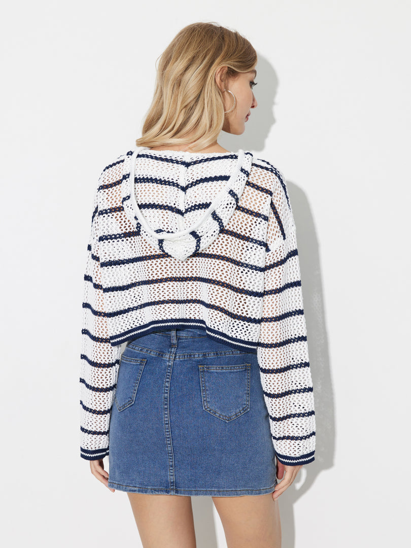Open Knit Striped Hooded Sweater 121289