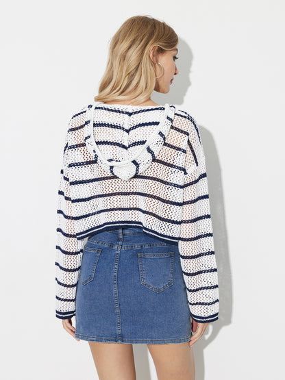 Open Knit Striped Hooded Sweater 121289