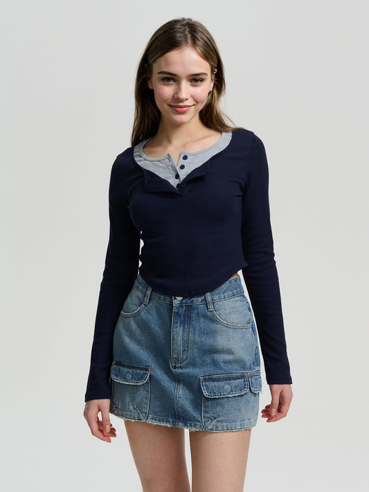 Color Block Half Placket T-Shirt 113445
