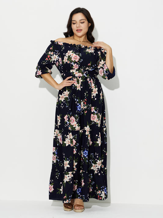 Plus Size Printed Bardot Maxi Dress 121217
